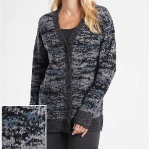 Athleta Westlake Texture Button-Up Cardigan Sweater Blue Grey Black Merino Sz 1X